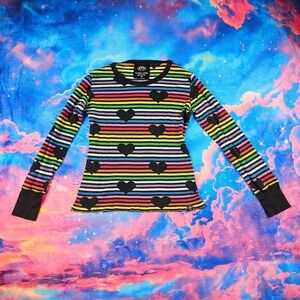 Victoria's Secret Rainbow Stripe Black Heart Long Sleeve Thermal Top Size M